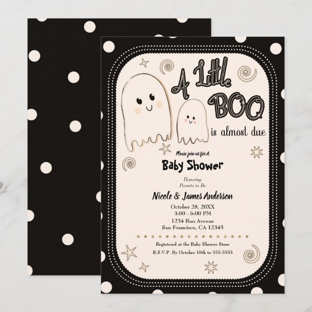 Liten BOO Whimsical Spök Halloween Baby Shower Inbjudningar (Fram/baksida)