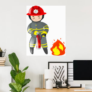 Liten brandman hjälte som släcker eld poster