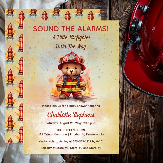 Liten brandman Teddybjörn Baby Shower Inbjudningar (Sound the Alarms!  A Little Firefighter Is On The Way Cute Teddy Bear Baby Shower Invitation )