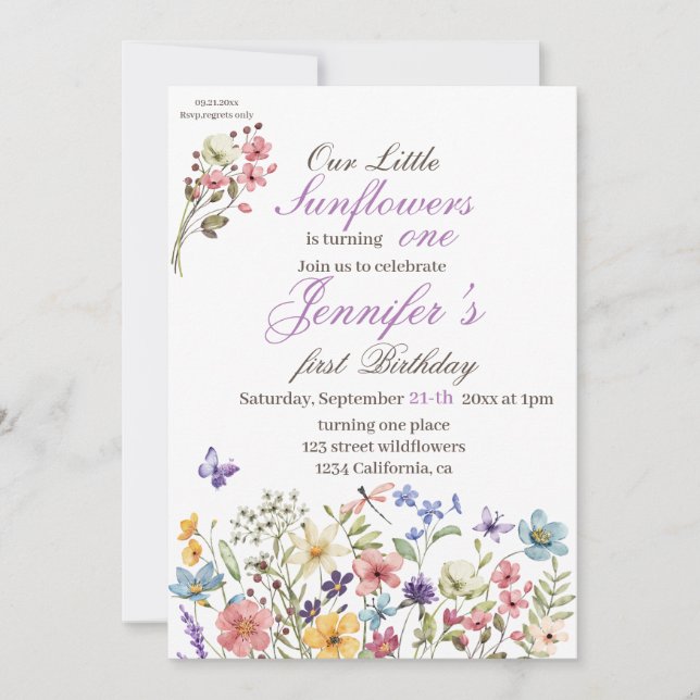 Liten Bright Wildblommor Watercolor Birthday Inbjudningar (Framsida)