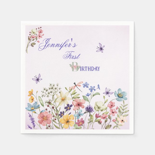 Liten Bright Wildblommor Watercolor Birthday Pappersservett (Framsidan)