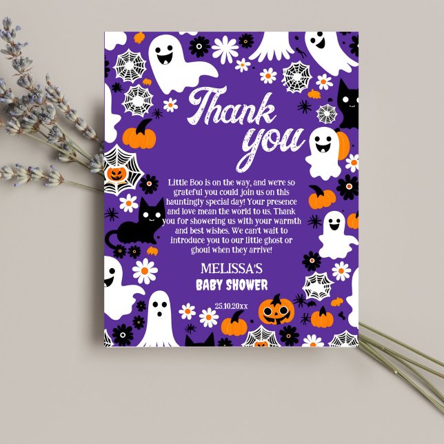 Liten bums Halloween baby shower tackkort (Halloween baby shower thank you card purple groovy retro daisy cute ghosts pumpkins daisies thanks)