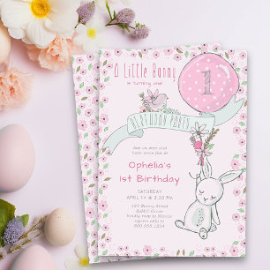 Liten Bunny med Balloon Valge Girl Birthday Inbjudningar