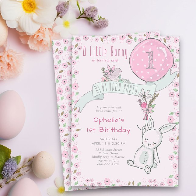 Liten Bunny med Balloon Valge Girl Birthday Inbjudningar (Little Bunny First Birthay Party Invitation - or edit to suit any age)