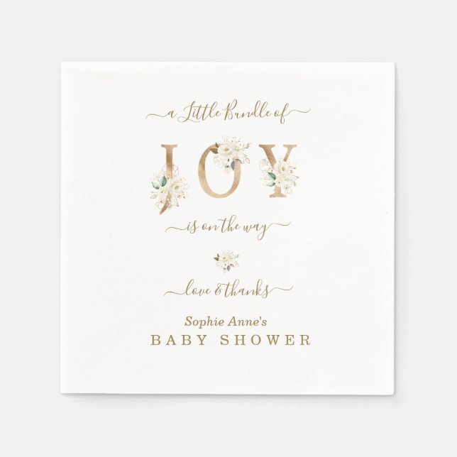 Liten bunt av Joy White Guld Blommigt Baby Shower Pappersservett (Framsidan)