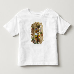 Liten butik med konstverk till salu på trottoaren tee shirt