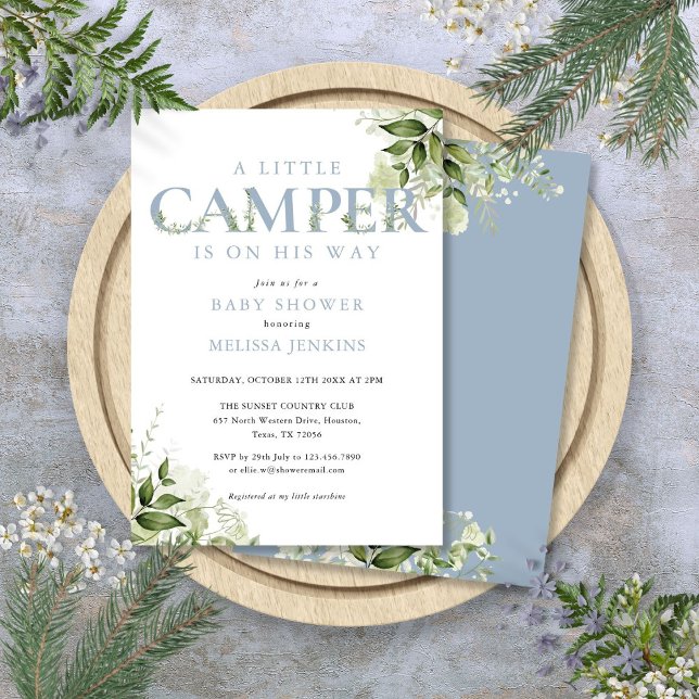 Liten Campare Dusty Blue Grönska Barnkalas Inbjudningar (Little Camper Dusty Blue Greenery Baby Shower Invitation)