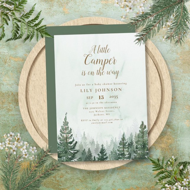 Liten camper äventyr tallskog baby shower inbjudningar (Little Camper Adventure Pine Forest Baby Shower Invitation)