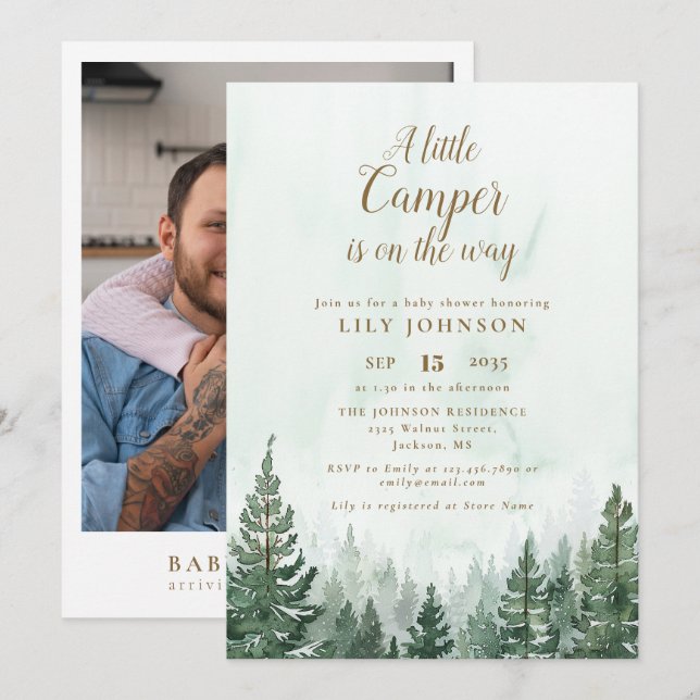 Liten camper Tallskogs Baby Shower Foto Inbjudningar (Fram/baksida)