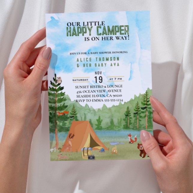 liten campingcamping i äventyr-skogsköljning inbjudningar (camper adventure country outdoor baby shower forest theme animals little happy camper camping lover)
