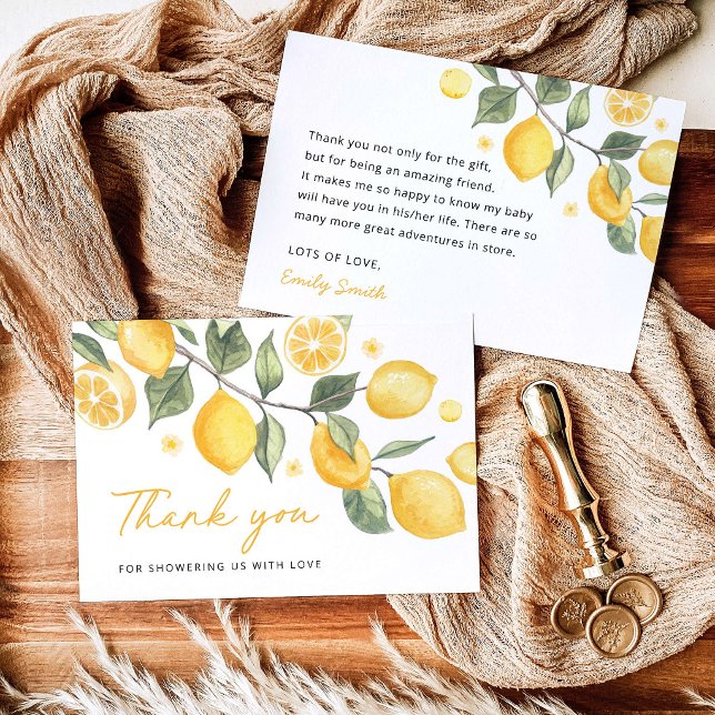 Liten Citron Baby Shower Tacksamhetskort Tack Kort (Little Lemon Baby Shower Thank You Card, watercolor yellow lemon citrus front and back card)