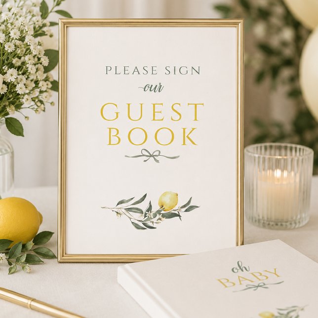 Liten Citron Salvia Båge Baby Shower Gästboksskriv (Little Lemon Sage Bow Baby Shower Guest Book Sign)