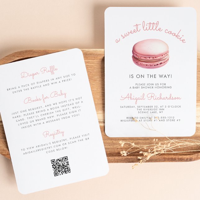 Liten Cookie Macaron QR-kod Rosa Bebisdopp Inbjudningar (Skapare uppladdad)