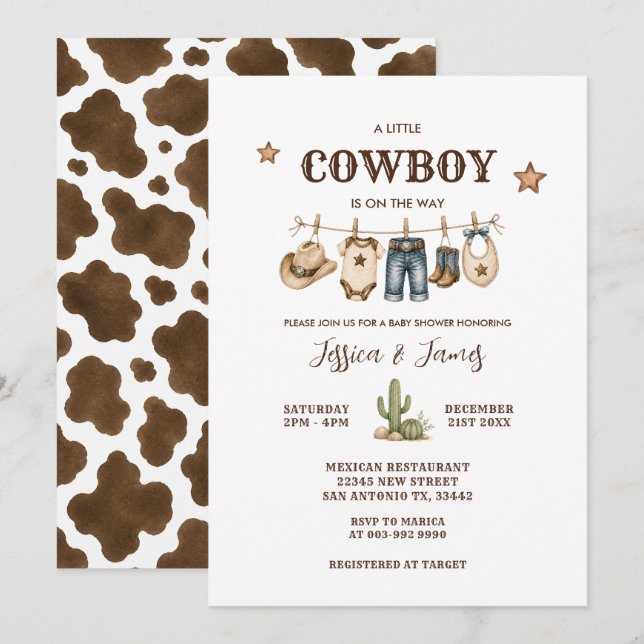 Liten Cowboy Baby Shower Klädstreck Inbjudningar (Fram/baksida)