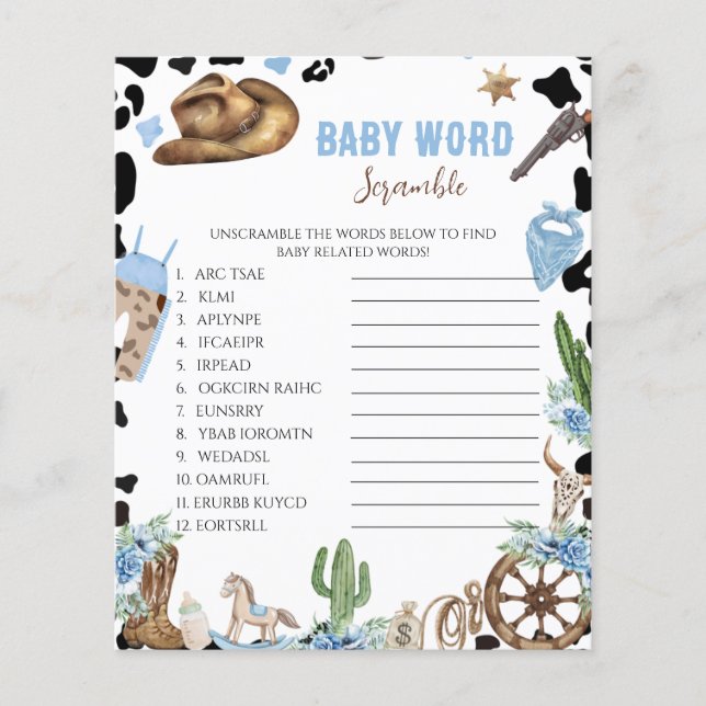 Liten Cowboy Baby Shower Ordspridningsspel (Framsida)