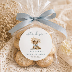 Liten Cowboy Baby Shower Western Tack för inbjudan Runt Klistermärke