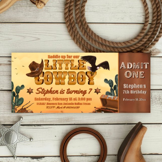 Liten Cowboy Biljett Inbjudningar (Little Cowboy -  Boy Birthday Ticket Invitation)