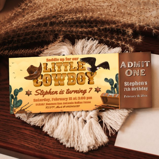 Liten Cowboy Biljett Inbjudningar (Little Cowboy -  Boy Birthday Ticket Invitation )