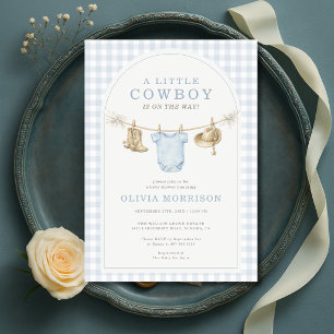 Liten Cowboy Blå Gingham Pojke Babyfirande Inbjudningar