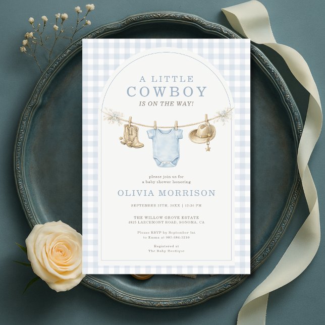 Liten Cowboy Blå Gingham Pojke Babyfirande  Inbjudningar (Skapare uppladdad)