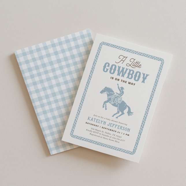 Liten Cowboy Blå Rutig Bebis Baby Shower Inbjudningar (Skapare uppladdad)