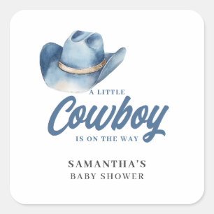 Liten Cowboy Blue Western Pojke Baby Shower Fyrkantigt Klistermärke