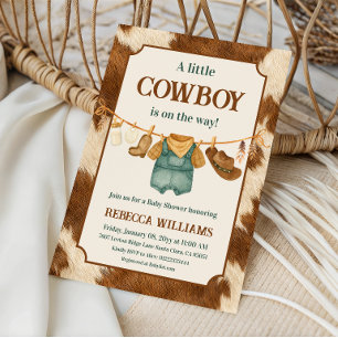 Liten Cowboy Cow Western Klädstreck Baby Shower Inbjudningar