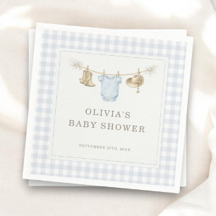 Liten Cowboy Gingham Blå Pojke Baby Shower Fest Pappersservett