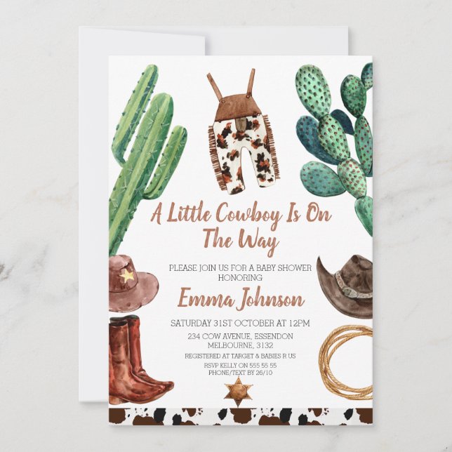 Liten Cowboy Ko Print Baby Shower Inbjudan (Framsida)