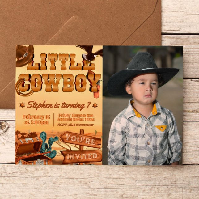 Liten cowboy med foto inbjudningar (Little Cowboy -  Boy Birthday Landscape Invitation with Picture)