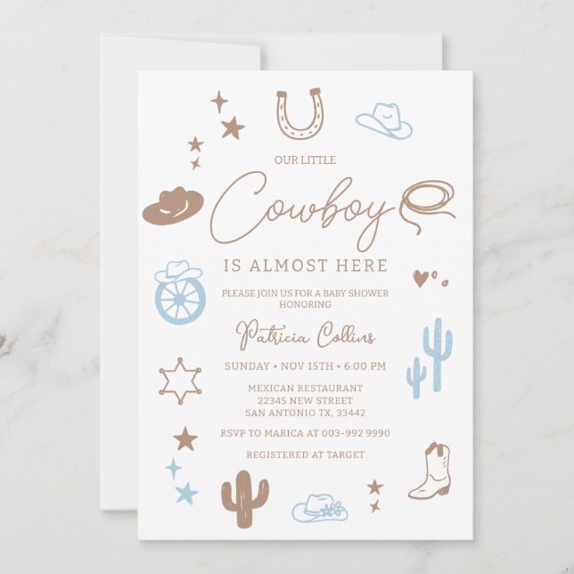 Liten Cowboy Modern Wild West Bebis Shower Inbjudningar (Framsida)