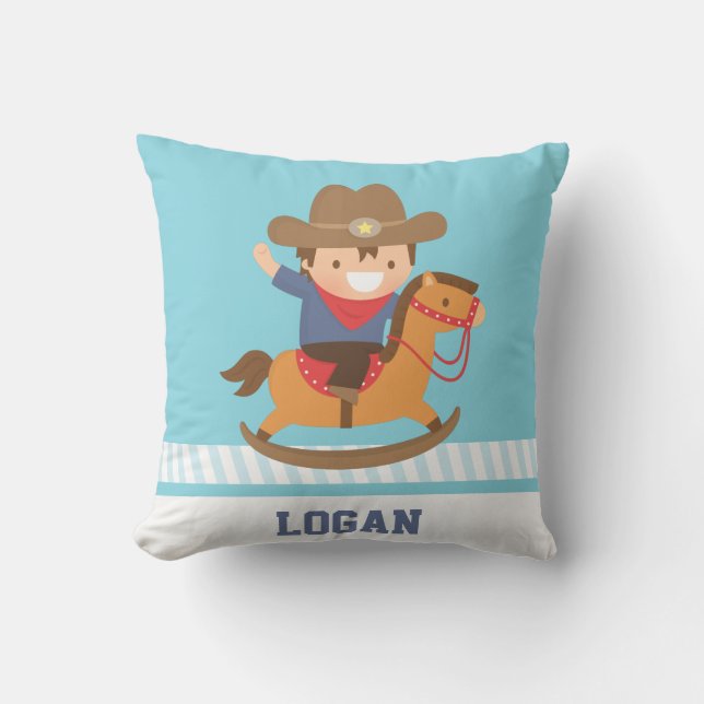 Liten cowboy på gunghäst pojkrum kudde (Framsida)