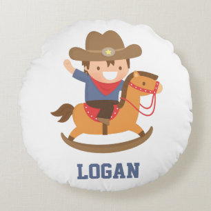 Liten cowboy på gunghäst pojkrumsdekor rund kudde