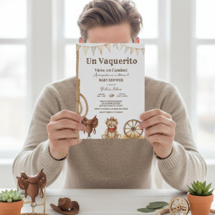Liten cowboy på väg spansk cowboy baby shower inbjudningar