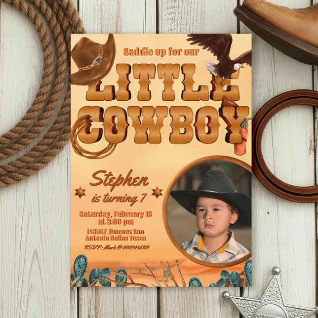 Liten cowboy pojk födelsedag inbjudningar (Little Cowboy -  Boy Birthday Invitation with Picture)
