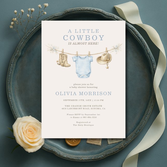 Liten cowboy Wild West klädstreck Baby Shower Inbjudningar (Skapare uppladdad)