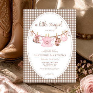 Liten cowgirl rosa klädstreck baby shower inbjudningar