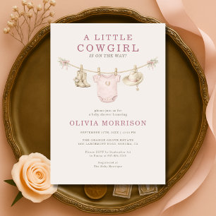 Liten cowgirl rosa klädstreck flicka baby shower inbjudningar