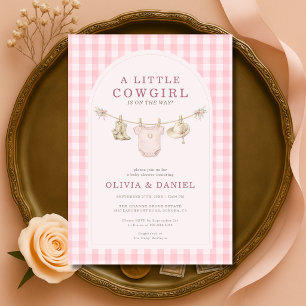 Liten cowgirl rosa klädstreck rutig baby shower inbjudningar