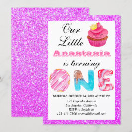 Liten Cupcake Lila Glitter 1-års Födelsedag Ett Inbjudningar