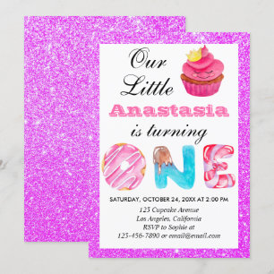 Liten Cupcake Lila Glitter 1-års Födelsedag Ett Inbjudningar