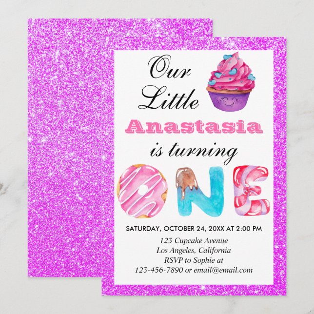 Liten Cupcake Lila Glitter 1-års Födelsedag Ett Inbjudningar (Fram/baksida)