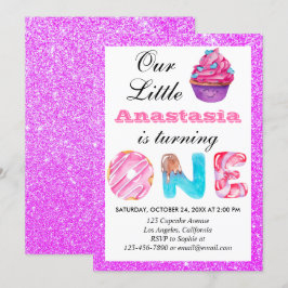 Liten Cupcake Lila Glitter 1-års Födelsedag Ett Inbjudningar