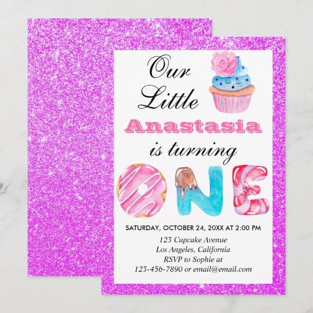 Liten Cupcake Lila Glitter 1-års Födelsedag Ett Inbjudningar (Fram/baksida)