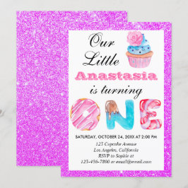 Liten Cupcake Lila Glitter 1-års Födelsedag Ett Inbjudningar