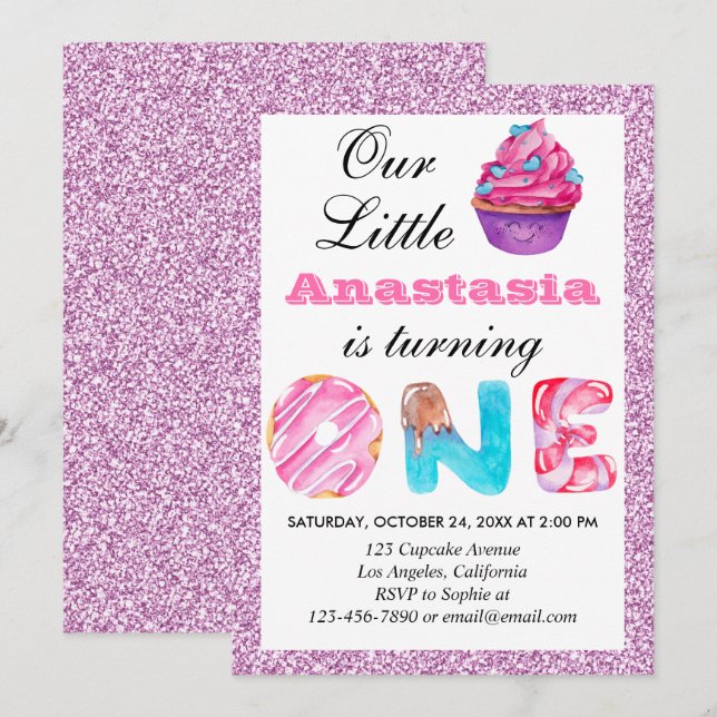 Liten Cupcake Rosa Syren Glitter 1-års Födelsedag  Inbjudningar (Fram/baksida)