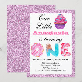 Liten Cupcake Rosa Syren Glitter 1-års Födelsedag  Inbjudningar