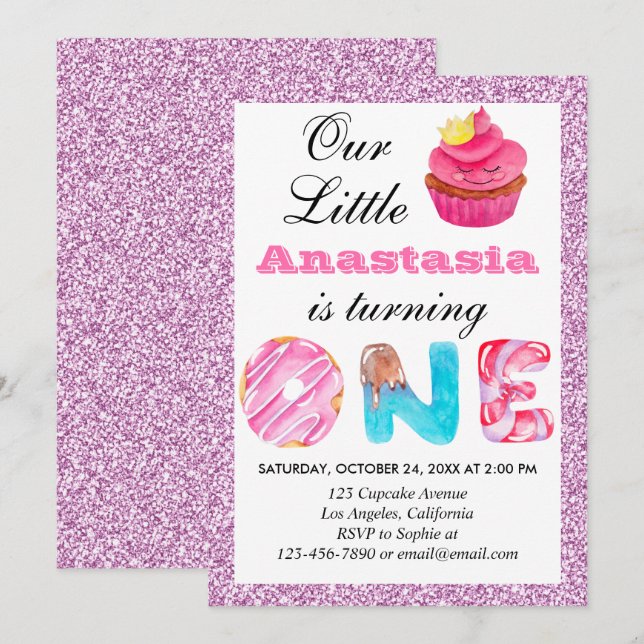 Liten Cupcake Rosa Syrlilja Glitter 1-års Födelsed Inbjudningar (Fram/baksida)