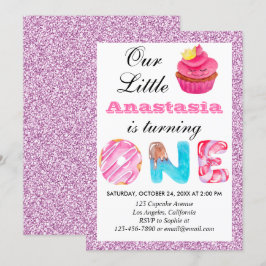 Liten Cupcake Rosa Syrlilja Glitter 1-års Födelsed Inbjudningar