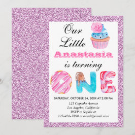 Liten Cupcake Rosa Syrlilja Glitter 1-års Födelsed Inbjudningar